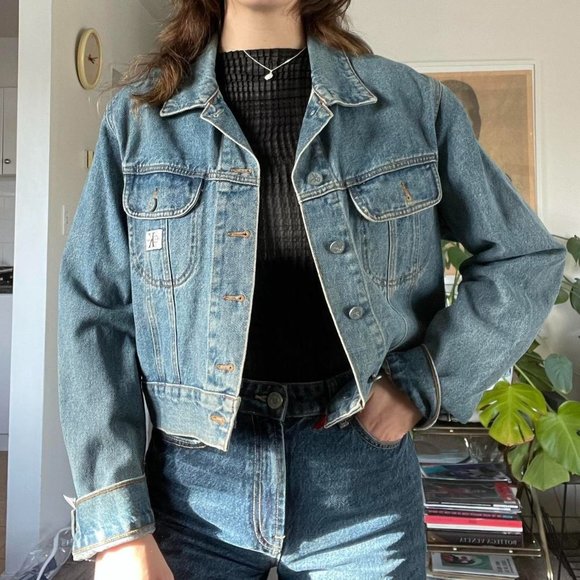 90s Vintage Calvin Klein Jeans Cropped Denim Jean Jacket SZ L - Picture 1 of 3